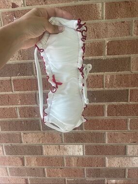 Kacey Lee White Bikini Bottom with Pink Ruffled Trim